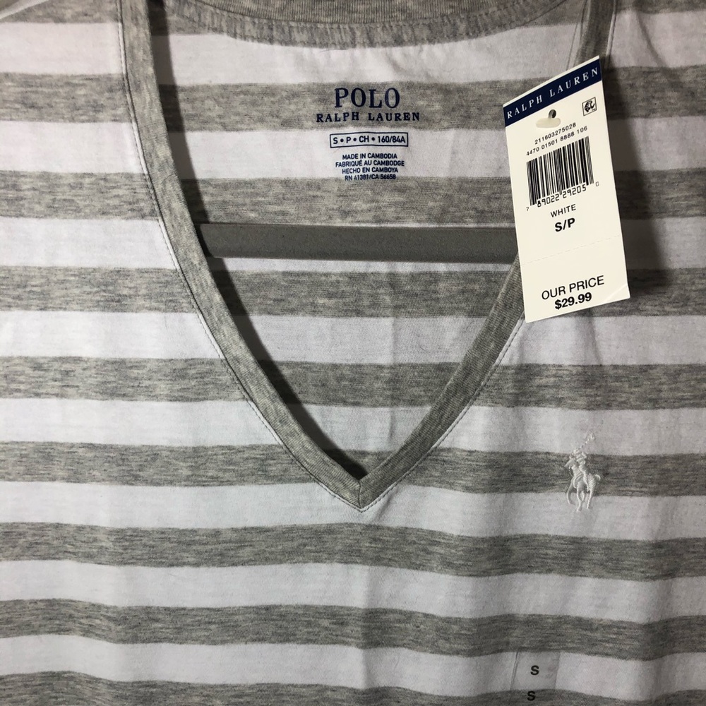 NWT Ralph Lauren V neck Tee S Grey/White Stripe